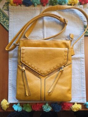 Mustard Yellow Leather Crossbody Bag with Tassel Accents